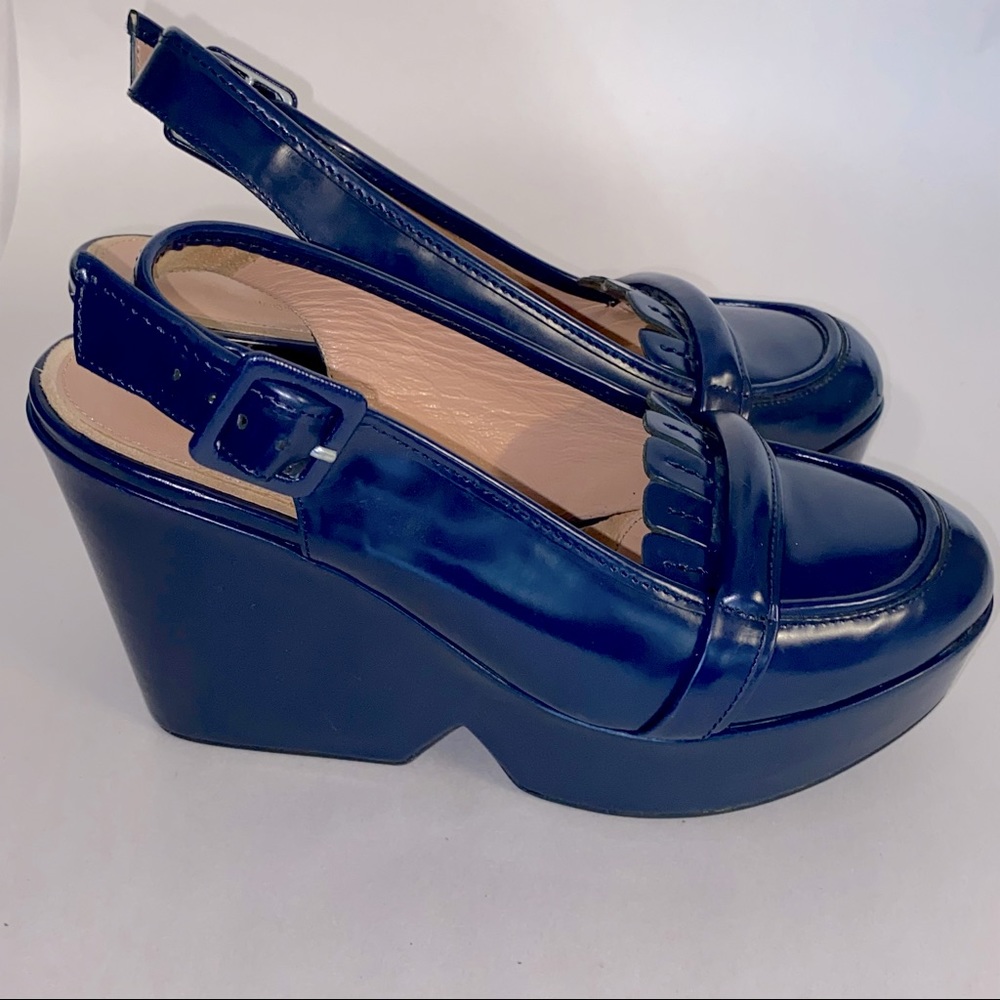 Robert Clergerie PARIS French Blue Platform Wedge Slingbacks, 38 / 7.5